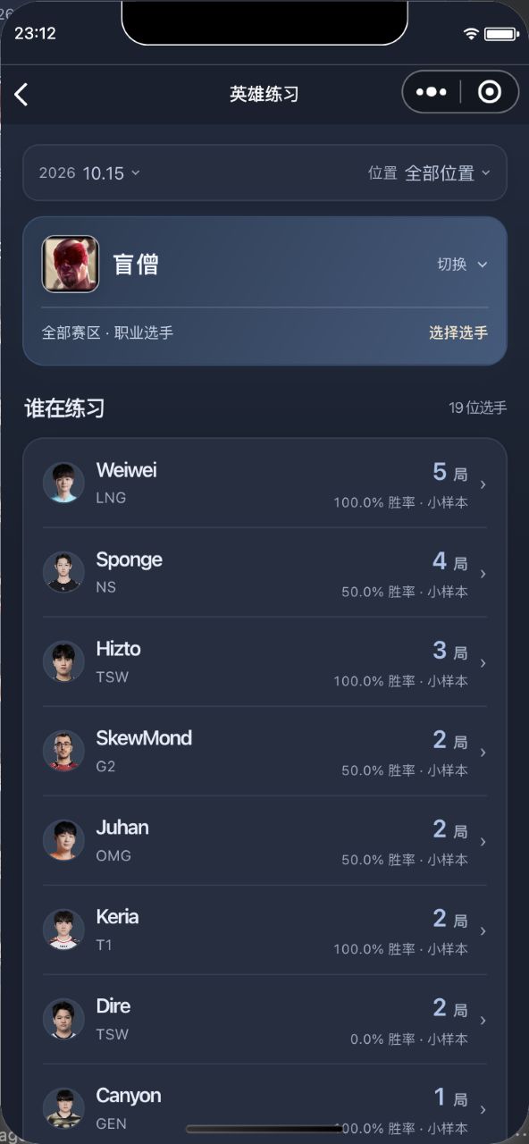 Native ranked champion practice page listing professional players who played Lee Sin on 15 October 2026